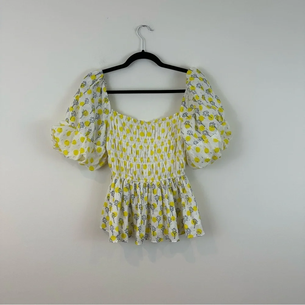 Ash & Eden Rucha Puff Sleeve Blouse In Yellow Patterned Size Small
